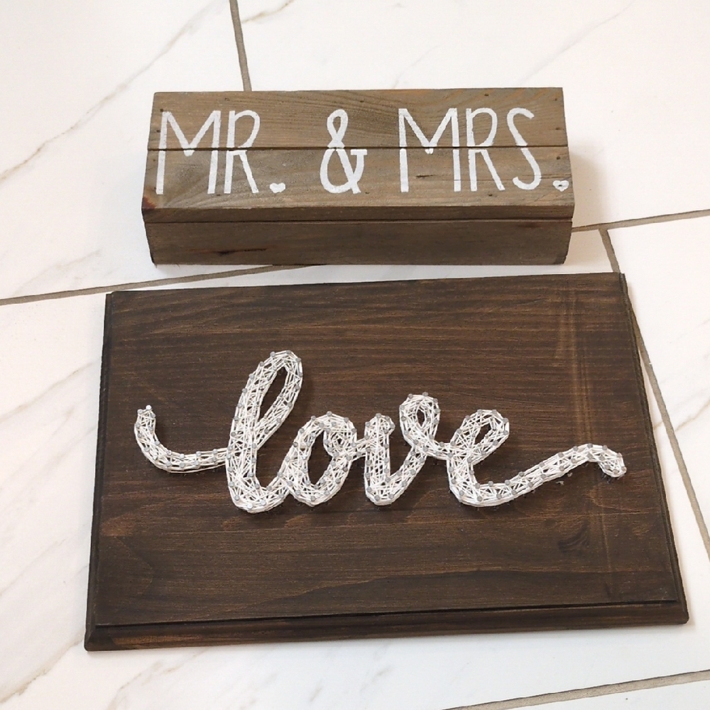 Wooden 'Mr. & Mrs.' and 'Love' Signs